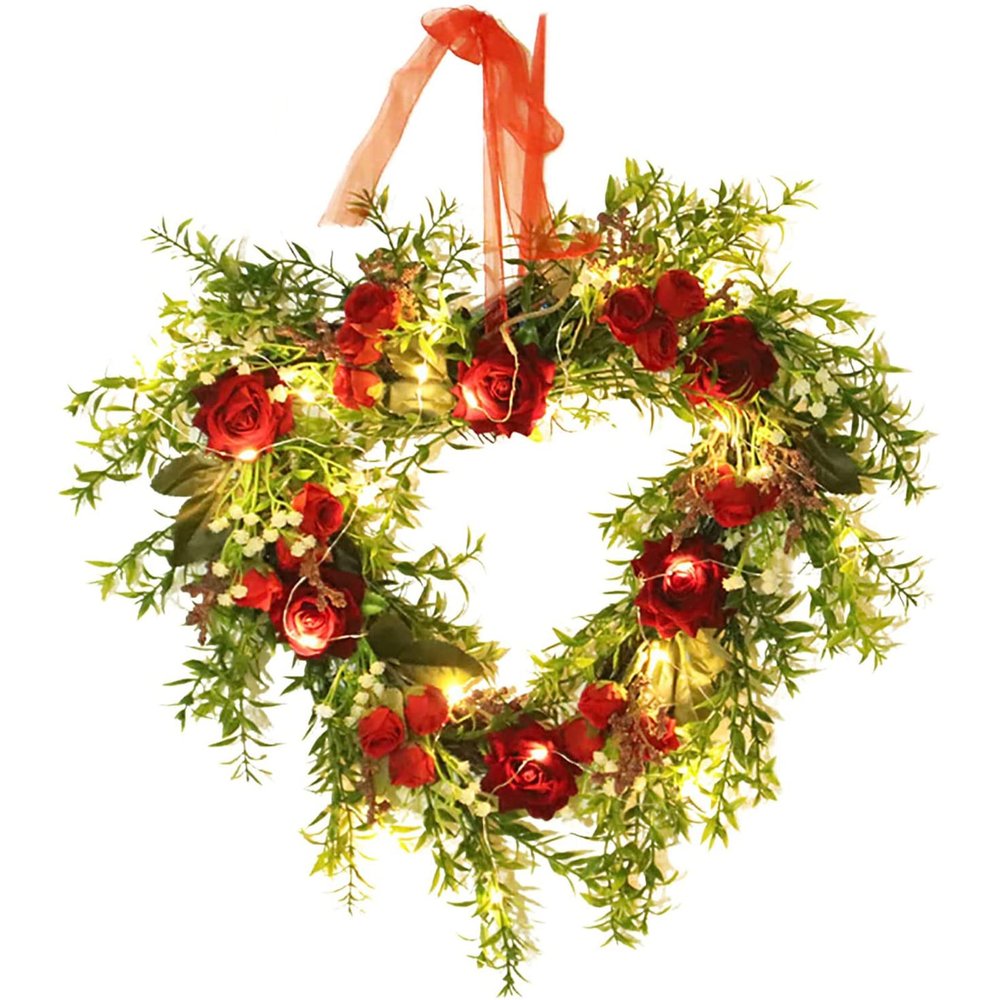 BLGKJDYY Valentine Wreath Decoration Heart Wreaths Valentines Front Door Wreaths Heart Shaped Hanging Garlands for Door Wall Window (Red2, with Lamp)