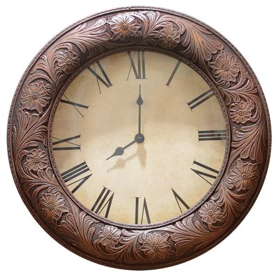 BLACK FOREST DECOR Western Tooled Leather Wall Clock - Rustic Antique Style Clock for Home Decor