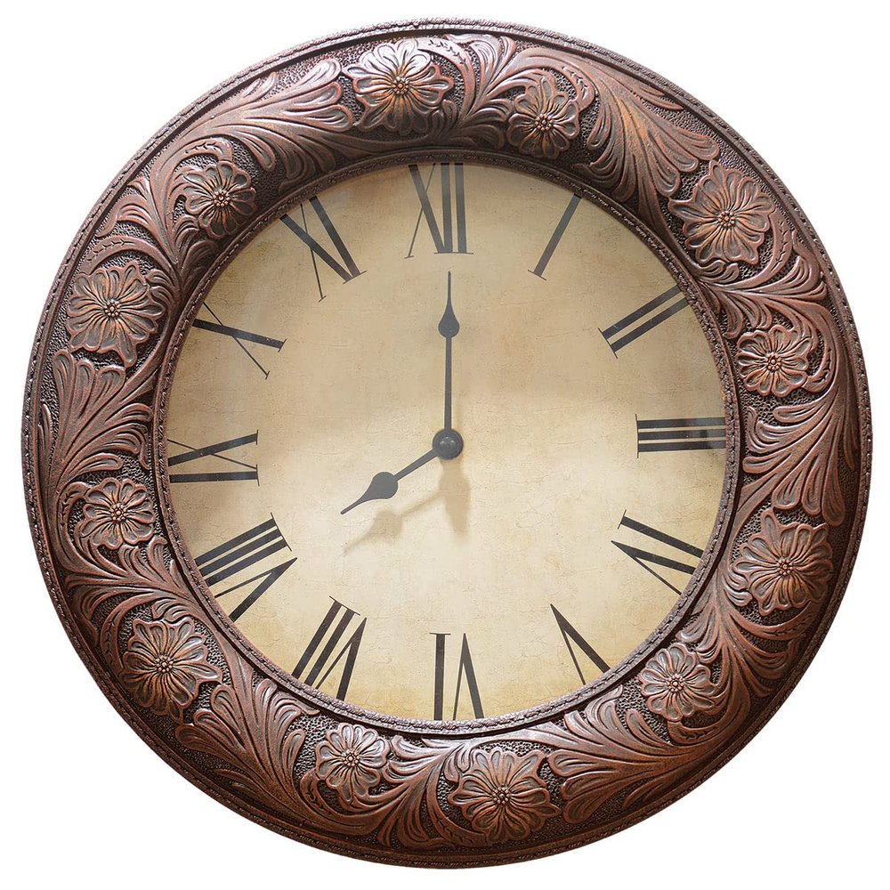 BLACK FOREST DECOR Western Tooled Leather Wall Clock - Rustic Antique Style Clock for Home Decor