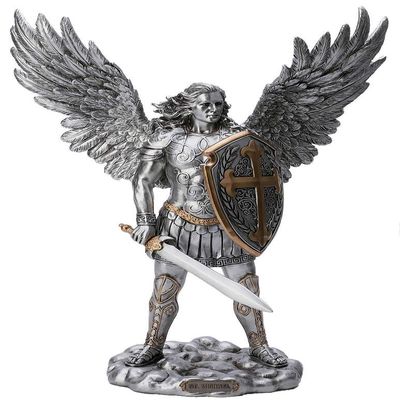 CatholicStore 13.5" St. Michael Statue, Pewter Finish Resin, Gold Highlights