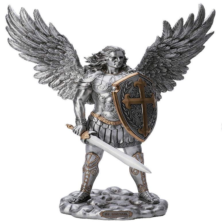 CatholicStore 13.5" St. Michael Statue, Pewter Finish Resin, Gold Highlights