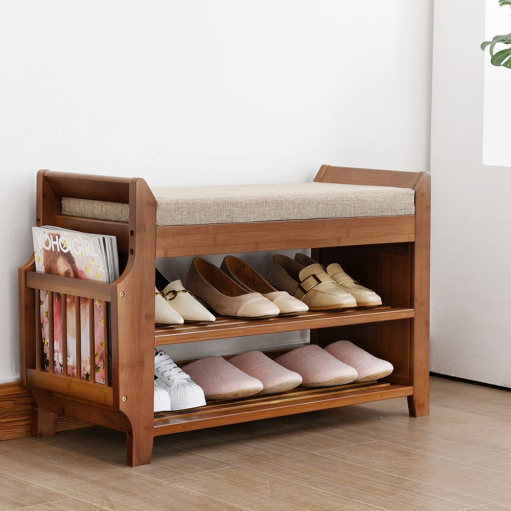 2 Tier Shoe Rack Bench,Shoe Bench,Outdoor Shoe Rack,Bamboo Sturdy Shoe Organizer,with Cushion Seat,Drawer,Side Storage Rack, Shoe Shelf Organizer,Shoe Shelf for Entryway Hallway Living Room Balcony