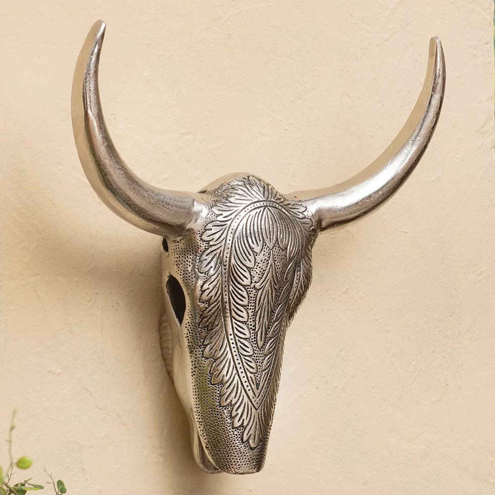 BLACK FOREST DECOR Polished Nickel Metal Bull Skull