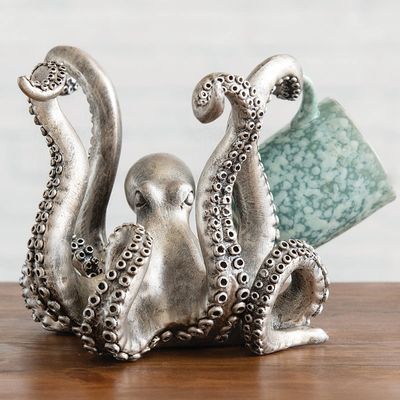 BLACK FOREST DECOR Octopus Depths Mug Holder - Nautical Polyresin Coastal Kitchen Mug Rack - Holds 4 Mugs - 10.25" W x 9" D x 7.5" H