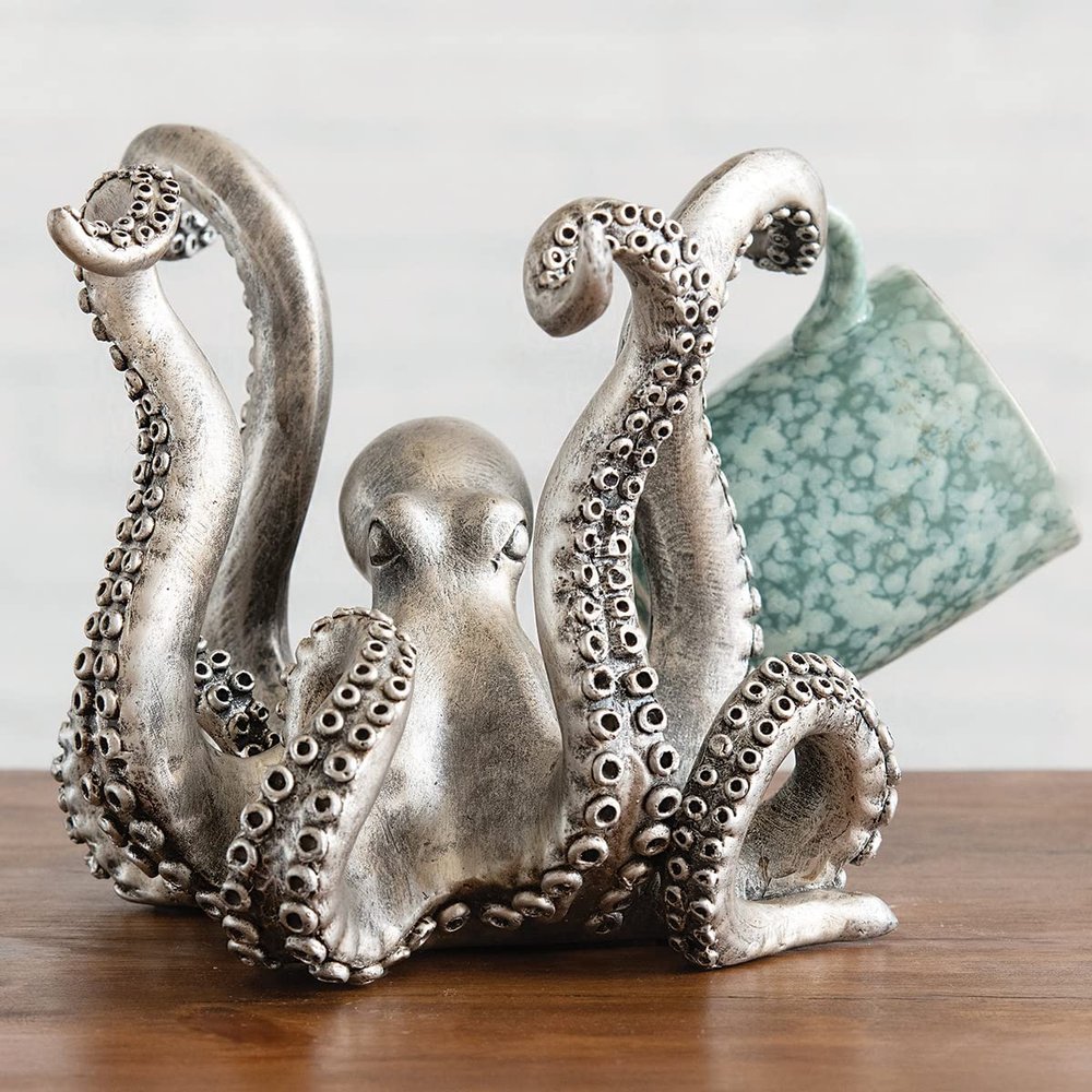 BLACK FOREST DECOR Octopus Depths Mug Holder - Nautical Polyresin Coastal Kitchen Mug Rack - Holds 4 Mugs - 10.25" W x 9" D x 7.5" H