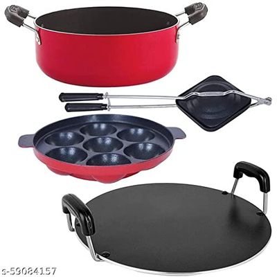 Appampatram - 20cm::Round tawa - 28.5cm::Hand Toaster - 10cm::Casserole - 20cm. Thickness: 2.6mm. Non-Stick Aluminium 3 Layer Coated 4 Piece Kitchen Cooking Utencil Combo Set