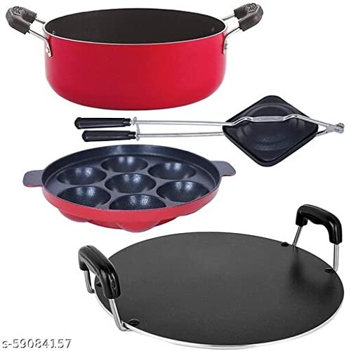 Appampatram - 20cm::Round tawa - 28.5cm::Hand Toaster - 10cm::Casserole - 20cm. Thickness: 2.6mm. Non-Stick Aluminium 3 Layer Coated 4 Piece Kitchen Cooking Utencil Combo Set