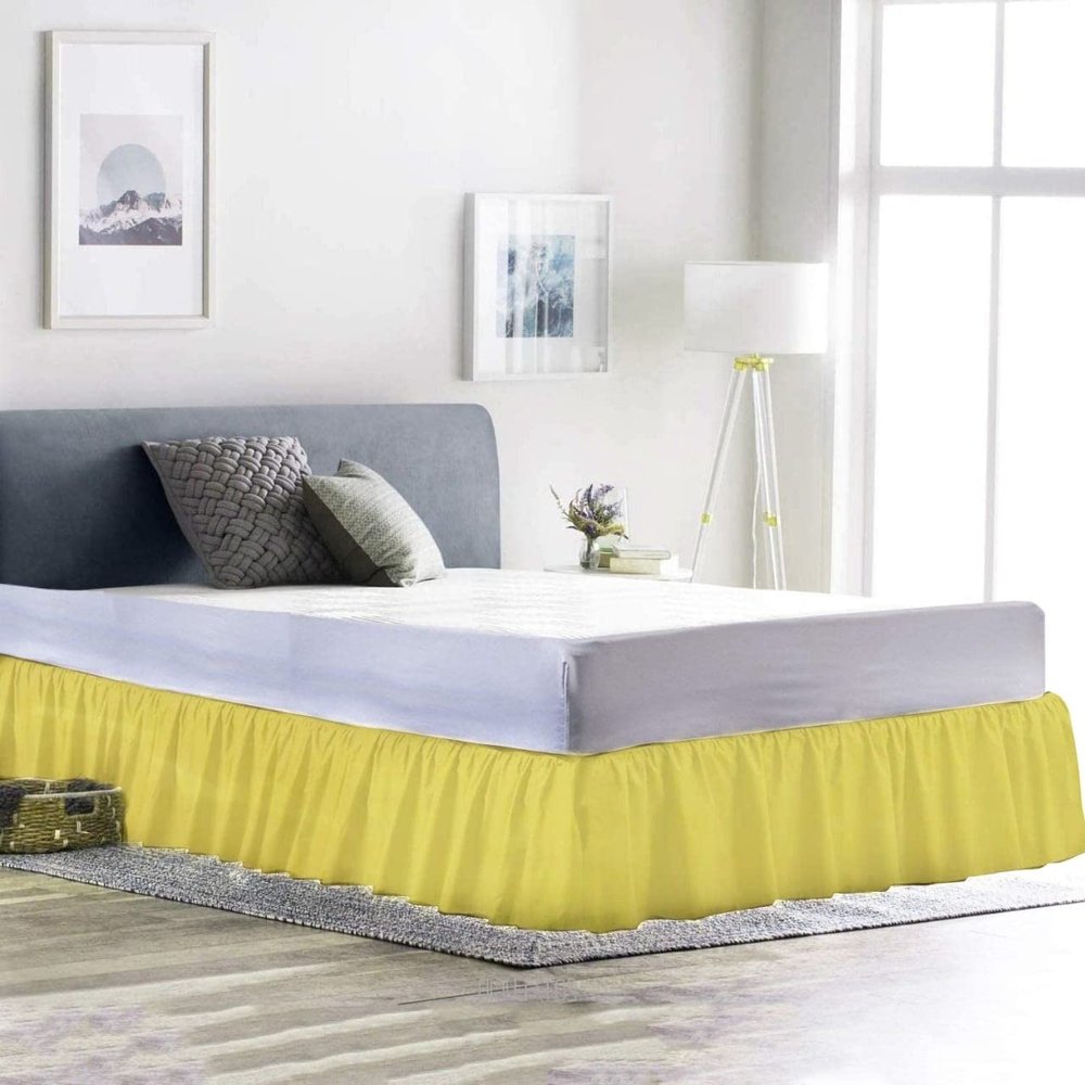 600 Thread Count Pure Cotton Ruffled Bed Skirt - 1 Piece Cotton Twin XL Size Ruffled Bed Skirt Dust Ruffle with Platform 15" Drop Length - Three Side Coverage - Yellow