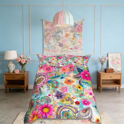 Daisy Flowers Tie Dye Bedding Set Twin Size 68"x90",Colorful Paisley Print Duvet Cover Set for Kids Room Decor Microfiber Comforter Cover,Romantic Boho Pink Floral Quilt Cover 2pcs, (No Comforter)