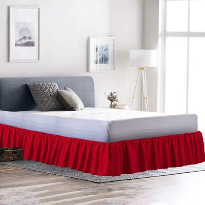 600 Thread Count Pure Cotton Ruffled Bed Skirt - 1 Piece Cotton Full Size Ruffled Bed Skirt Dust Ruffle with Platform 15" Drop Length - Three Side Coverage - Red