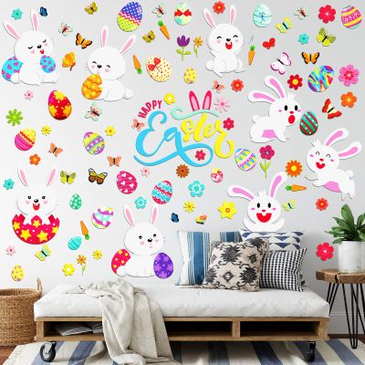 Capoda 103 Pcs/ 6 Sheets Easter Wall Decals Easter Bunnies Rabbit Eggs Wall Stickers Large Room Mural Window Decoration Clings for Home Office Classroom Party Decor, 8.3 x 11.4 Inch