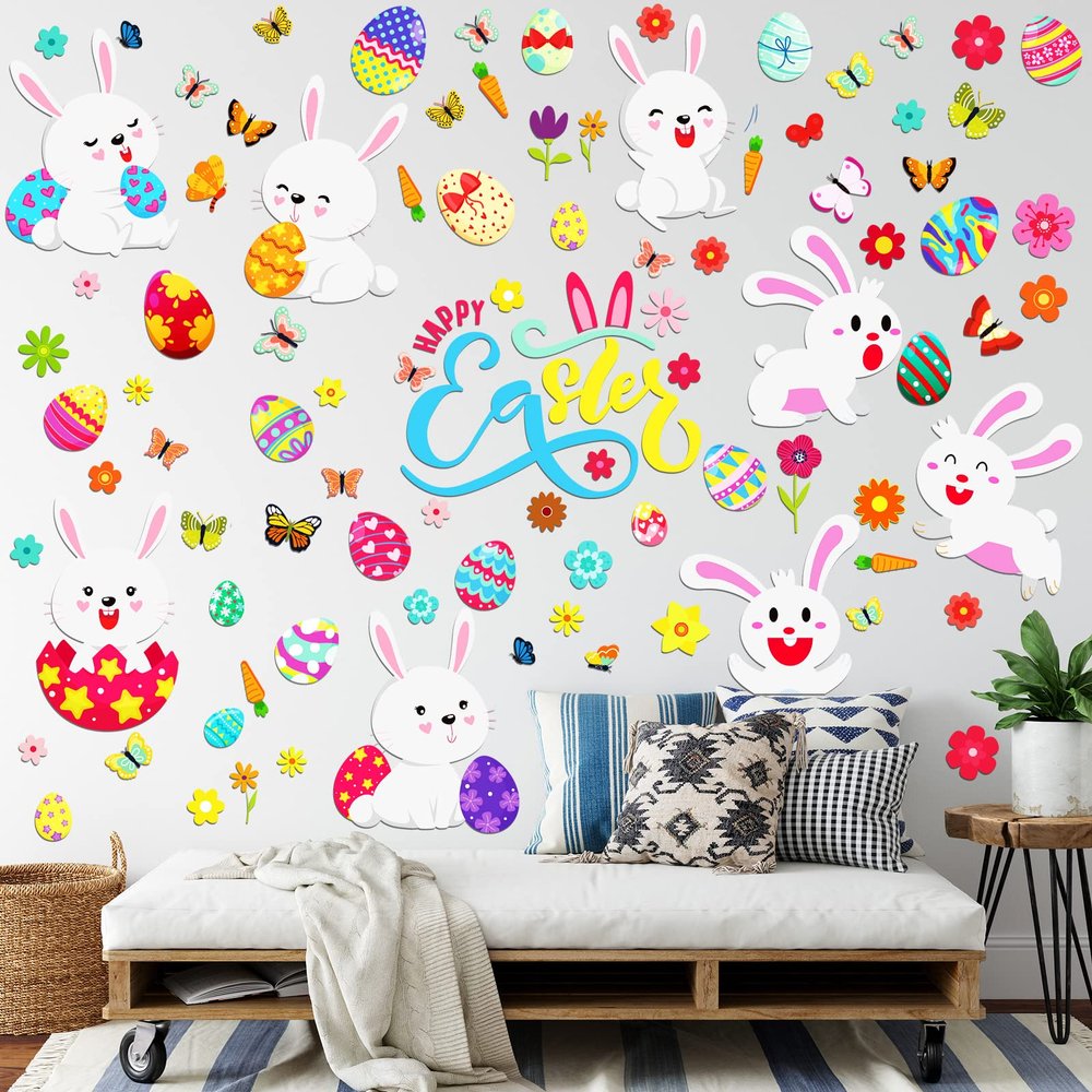 Capoda 103 Pcs/ 6 Sheets Easter Wall Decals Easter Bunnies Rabbit Eggs Wall Stickers Large Room Mural Window Decoration Clings for Home Office Classroom Party Decor, 8.3 x 11.4 Inch