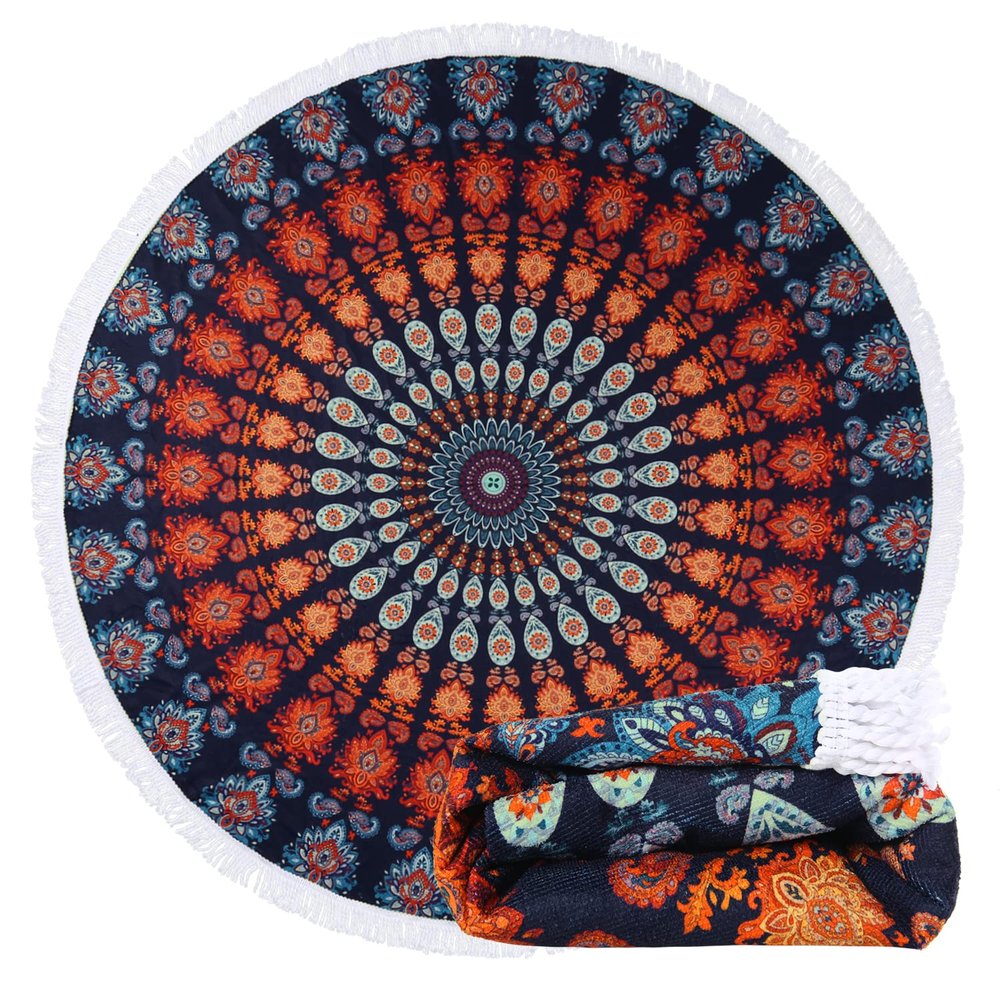 Benefeet Sox Beach Towel Large Round Beach Blanket Microfiber Quick Dry Pool Towels Tassels Throw Bohemian Roundie Swim Pool Circle Towel, 59 Inches-Blue Orange