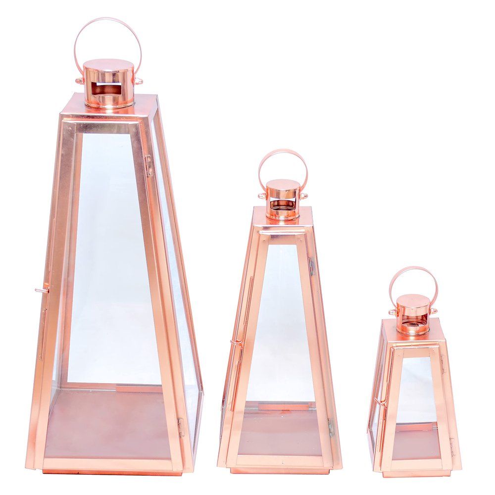 AMERICAN MANTLE Decorative Stainless Steel and Glass Candle Lantern Set (3, Rose Gold)