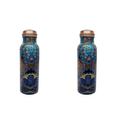 Copper Bottle Unique Printed Water Bottle For Drinking Water Dirt Proof Leak Proof and Joint Less Ayurveda and Yoga Health Benefits Water Premium Bottle (Set Of 2) By ORNATE INTERNATIONAL