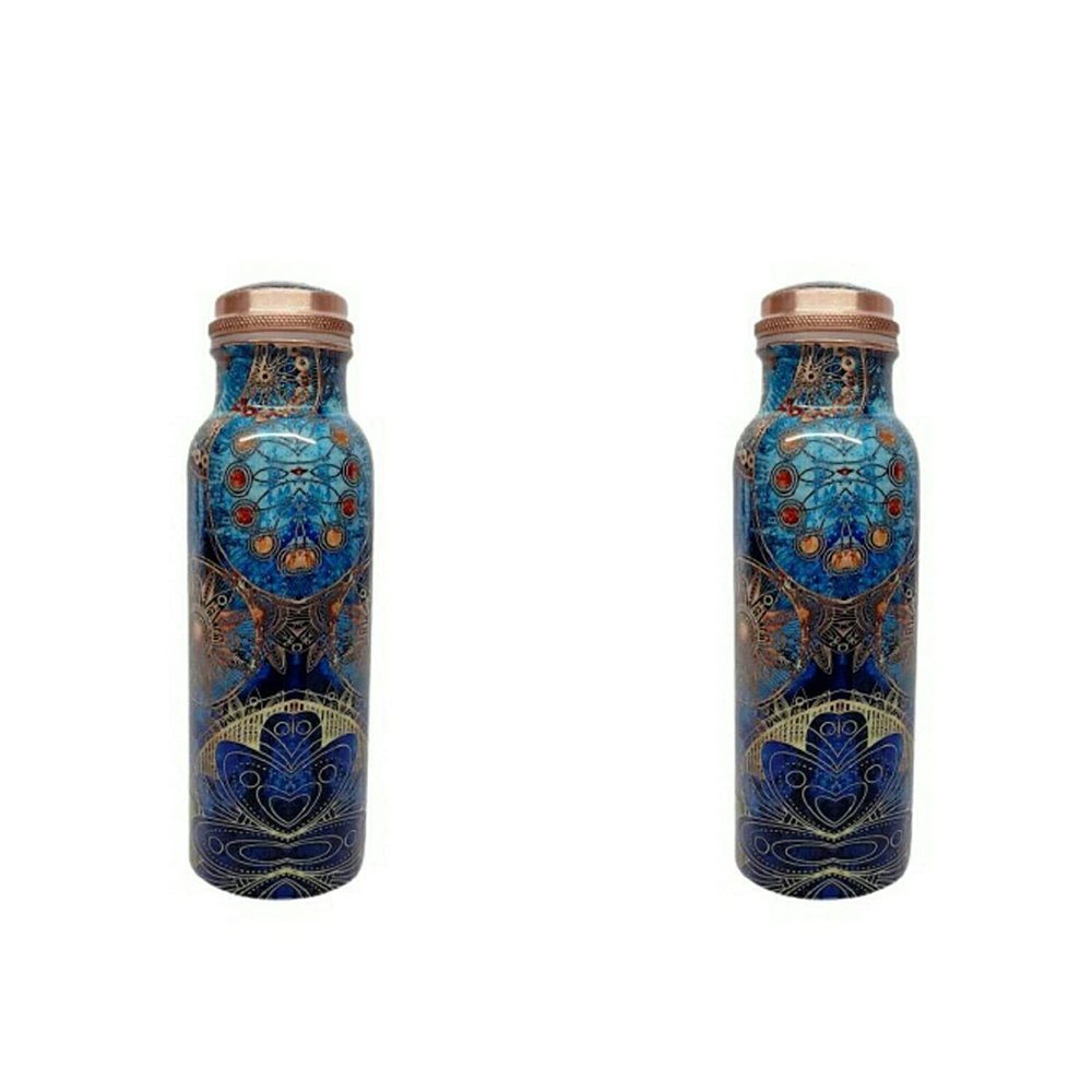Copper Bottle Unique Printed Water Bottle For Drinking Water Dirt Proof Leak Proof and Joint Less Ayurveda and Yoga Health Benefits Water Premium Bottle (Set Of 2) By ORNATE INTERNATIONAL