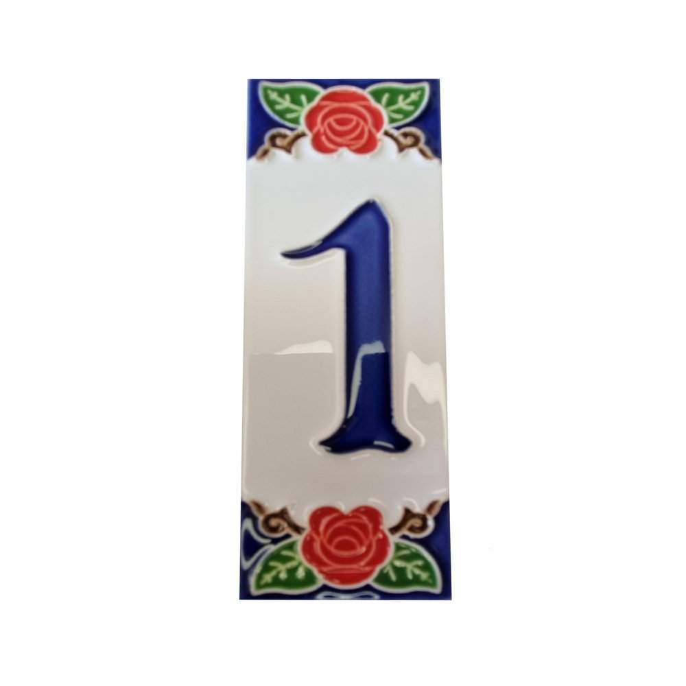 15cm x 4.8cm Hand-painted Italian Red Rose Ceramic House Numbers Tiles, Letters & Frames (Red Number 1)