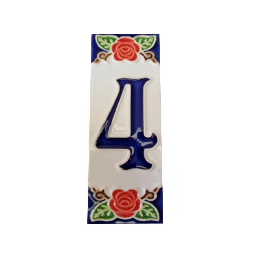 15cm x 4.8cm Hand-painted Italian Red Rose Ceramic House Numbers Tiles, Letters & Frames (Red Number 4)