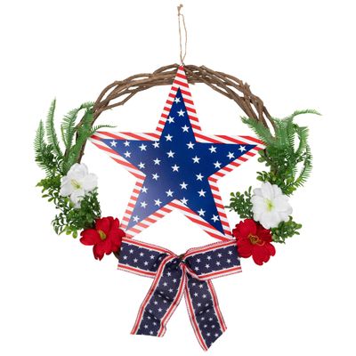 Americana Star and Mixed Floral Patriotic Wreath 24-Inch Unlit