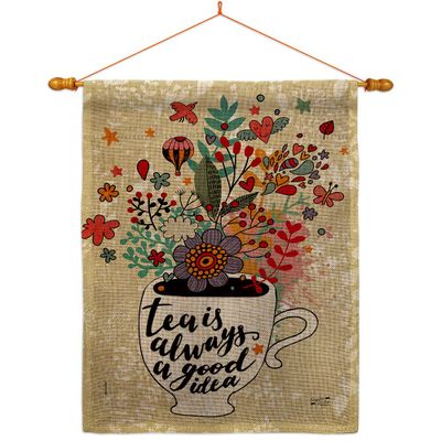 Angeleno Heritage Tea is Good Burlap House Flag Dowel Set Beverages Coffee Latte Capucchino Expresso Drink Cream Cup Teapot Decoration Banner Small Garden Yard Gift Double-Sided, Made in USA