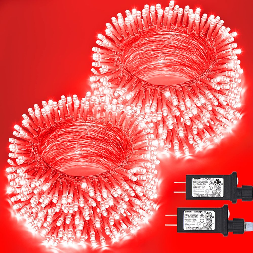 JMEXSUSS 2 Pack Red Valentine Lights Indoor, Each 100 LED Christmas String Lights with 8 Modes, Connectable Clear Wire Red LED Lights Outdoor Waterproof for Valentine's Day Bedroom Party Decorations