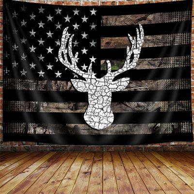 American Flag Hunting Large Tapestry, Western Black and White Country Deer Tapestry Wall Hanging for Men Bedroom Room, Rustic Camo Tapestries Poster Blanket College Dorm Home Decor 90X70 Inches