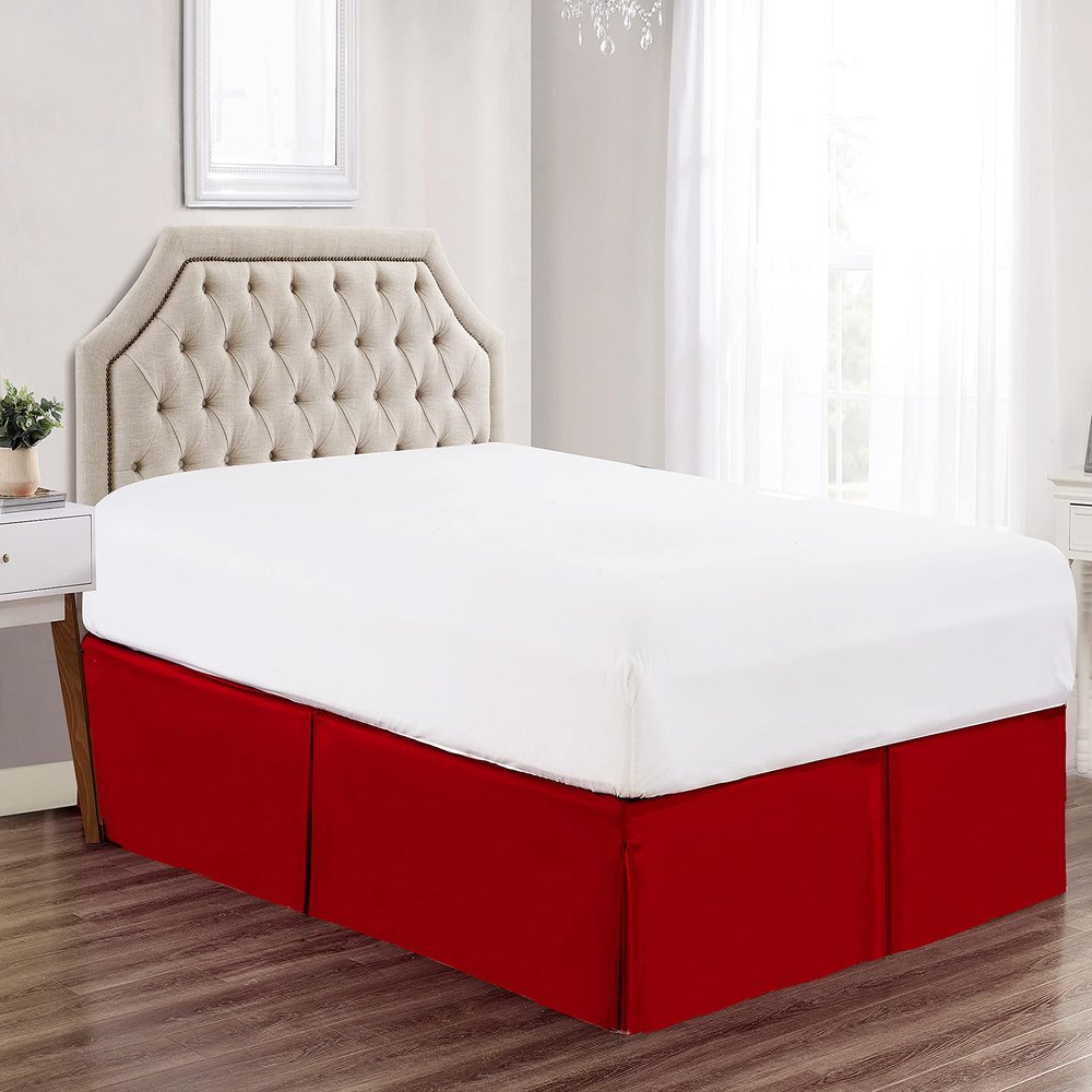 100% Cotton 600 Thread Count Dust Ruffled Classic Tailored Styling Pleated Bed Skirt, 1 Piece Box Pleated Bed Skirt 12" Drop Length (Queen Size, Red)