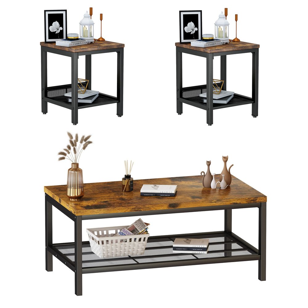 AWQM Coffee Table Industrial Coffee Table with 2 Square End Side Tables, Modern Living Room Table Set with Metal Frame for Apartment Home Office, Rustic Brown Set001