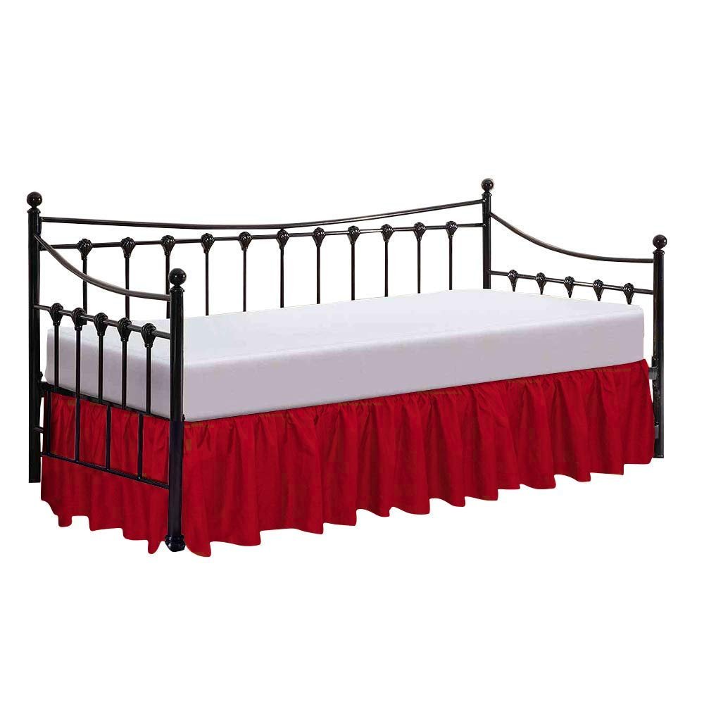 100% Cotton 600 Thread Count Daybed Skirt, 1 Piece Daybed Skirt Dust Ruffle Split Corners with 12" Drop Day Bed Skirts Three Side Coverage (Twin Size, Red)