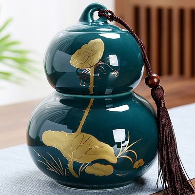 15.5cm Ceramic Gourd Shape Tea Caddy Tea Ceremony Spices Storage Box Chinese Storage Jar