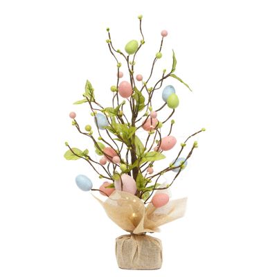 Dysetcs 17.7inch Easter Ornaments LED Tree Light Easter Eggs Table Tree with Burlap Base Decorative Tree Table Centerpiece for Easter Festival Home Decor, Multicolor