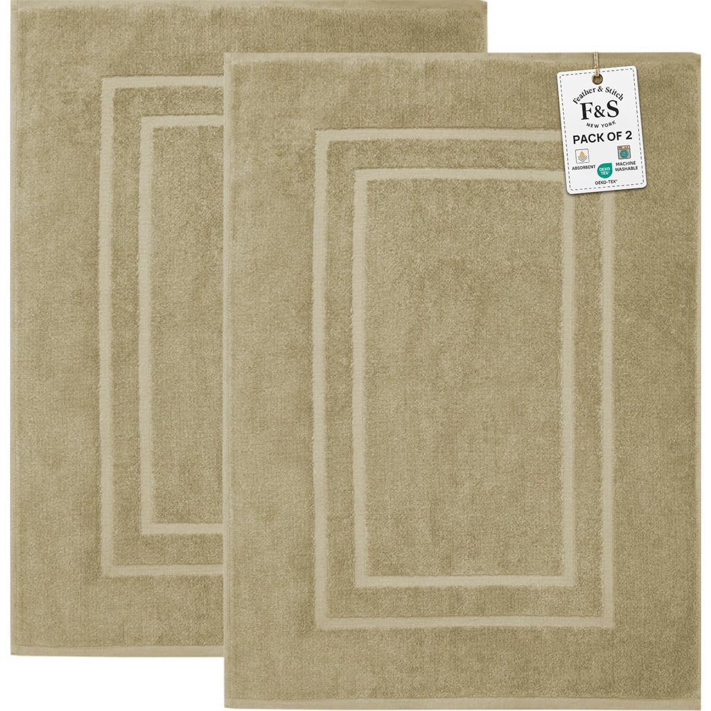 Feather & Stitch 2 Piece Towel Like Bath Mats (30x21 Inch) 100% Cotton Terry Bath Mats, Bathroom Shower Floor Mats [NOT A Bathroom Rug], Soft Absorbent Washable Mats - Linen