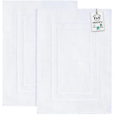 Feather & Stitch 2 Piece Towel Like Bath Mats (30x21 Inch) 100% Cotton Terry Bath Mats, Bathroom Shower Floor Mats [NOT A Bathroom Rug], Soft Absorbent Washable Mats - White