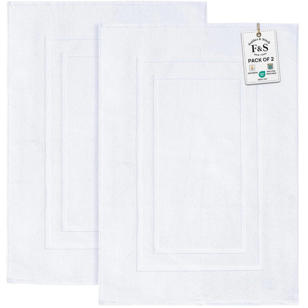 Feather & Stitch 2 Piece Towel Like Bath Mats (30x21 Inch) 100% Cotton Terry Bath Mats, Bathroom Shower Floor Mats [NOT A Bathroom Rug], Soft Absorbent Washable Mats - White