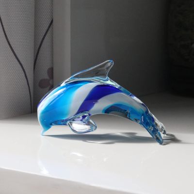 DECRZPB Handmade Glass Blue Striped Dolphin Figurine Blown Glass Coloured Glaze Paperweights Birthday Gift Table Ornaments Home Decor