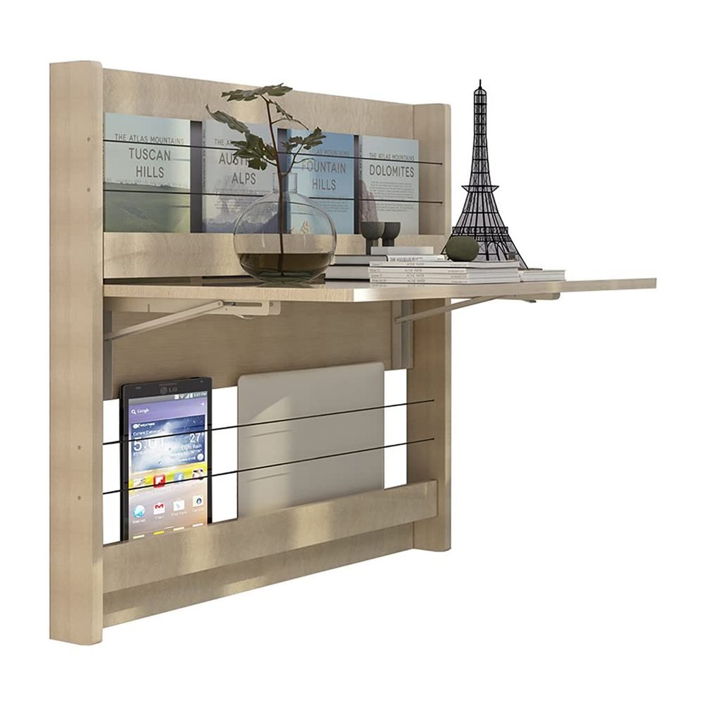 AGYHAM Folding Table Wall Mounted Deciduous Table Wall Table Home Hotel Apartment Hanging Desk Wooden Table Computer Desk with Shelf (Color : Wood Color, Size : Table Length 55cm)