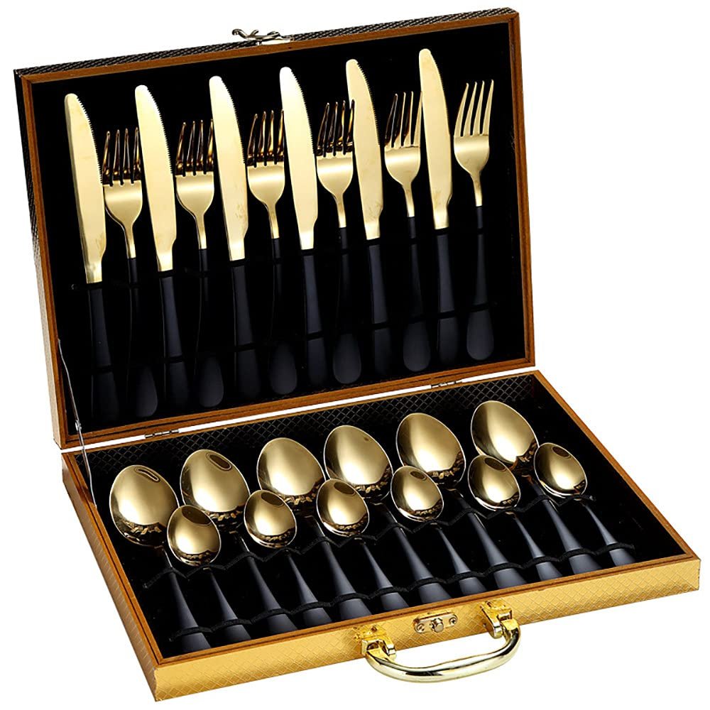 24Pcs Gold Dinnerware Set Stainless Steel Tableware Set Knife Fork Spoon Luxury Cutlery Set Gift Box Flatware Dishwasher Safe,Black