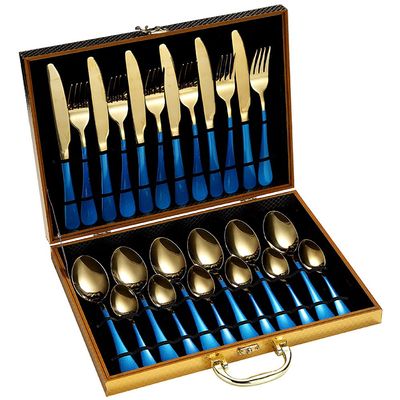 24Pcs Gold Dinnerware Set Stainless Steel Tableware Set Knife Fork Spoon Luxury Cutlery Set Gift Box Flatware Dishwasher Safe,Blue