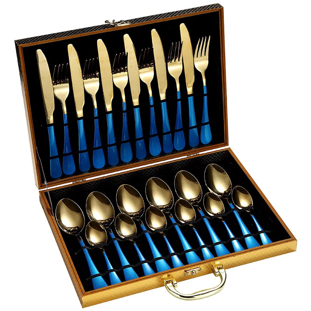 24Pcs Gold Dinnerware Set Stainless Steel Tableware Set Knife Fork Spoon Luxury Cutlery Set Gift Box Flatware Dishwasher Safe,Blue