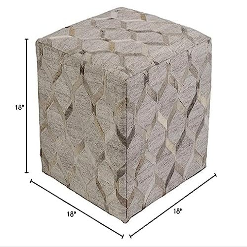 Hand Woven Leather Pouf Cowhide Hair on Pouf Patch Work Beautiful for Living Room & Bedroom Grey MC004 (16'0 Inches Hight & 3 Feet Length, Grey)
