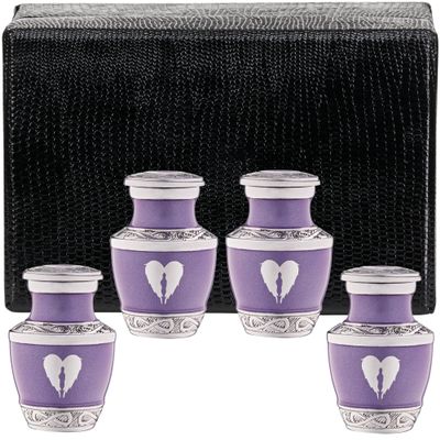 4 Small Urns for Ashes for Women or Men - Set of 4 Purple Urn with Angel Wings - Mini Heart Male and Female Cremation Keepsakes - Memorial Burial for Mom Mother