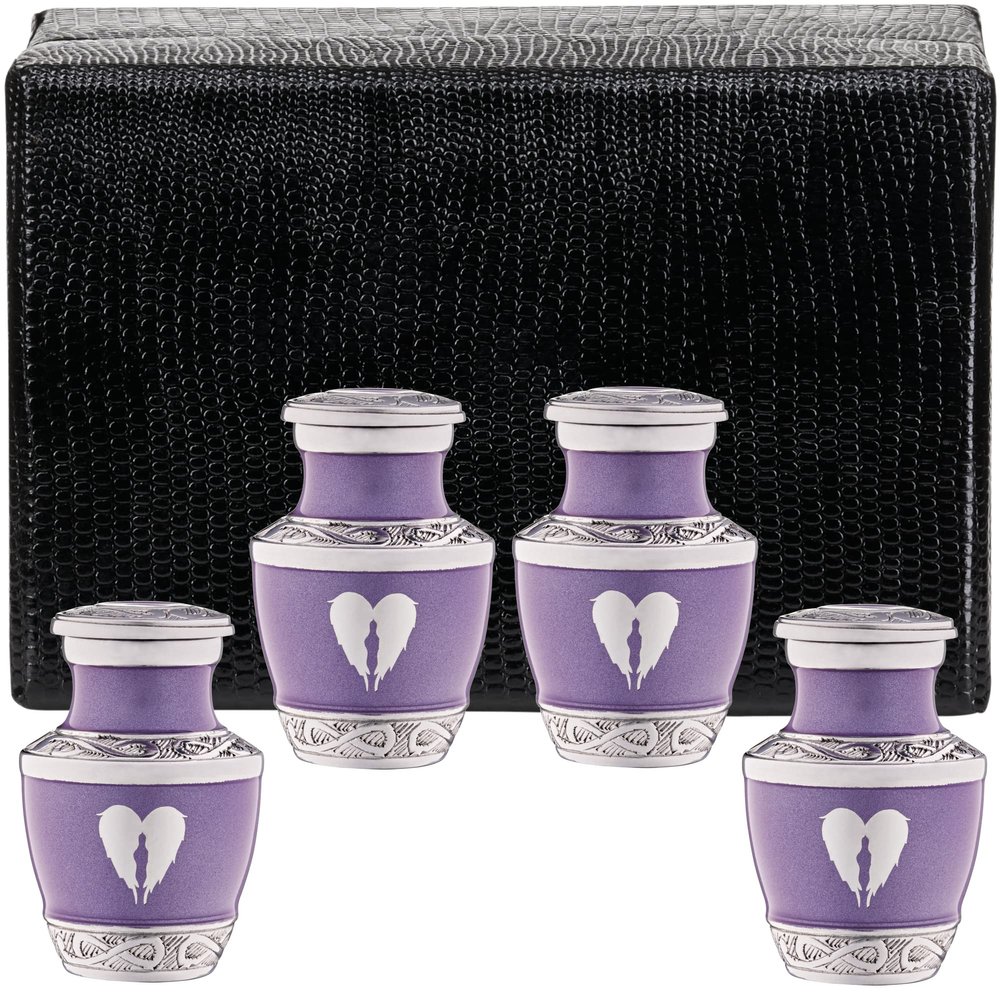 4 Small Urns for Ashes for Women or Men - Set of 4 Purple Urn with Angel Wings - Mini Heart Male and Female Cremation Keepsakes - Memorial Burial for Mom Mother