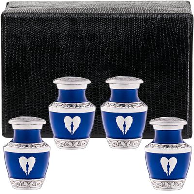 4 Pack Small Urns for Ashes for Women or Men - Set of 4 Blue Mini Urn with Angel Wings - Heart Earn Male and Female Cremation Keepsakes - Memorial Burial