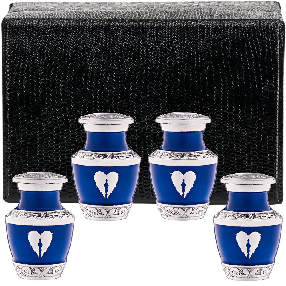 4 Pack Small Urns for Ashes for Women or Men - Set of 4 Blue Mini Urn with Angel Wings - Heart Earn Male and Female Cremation Keepsakes - Memorial Burial