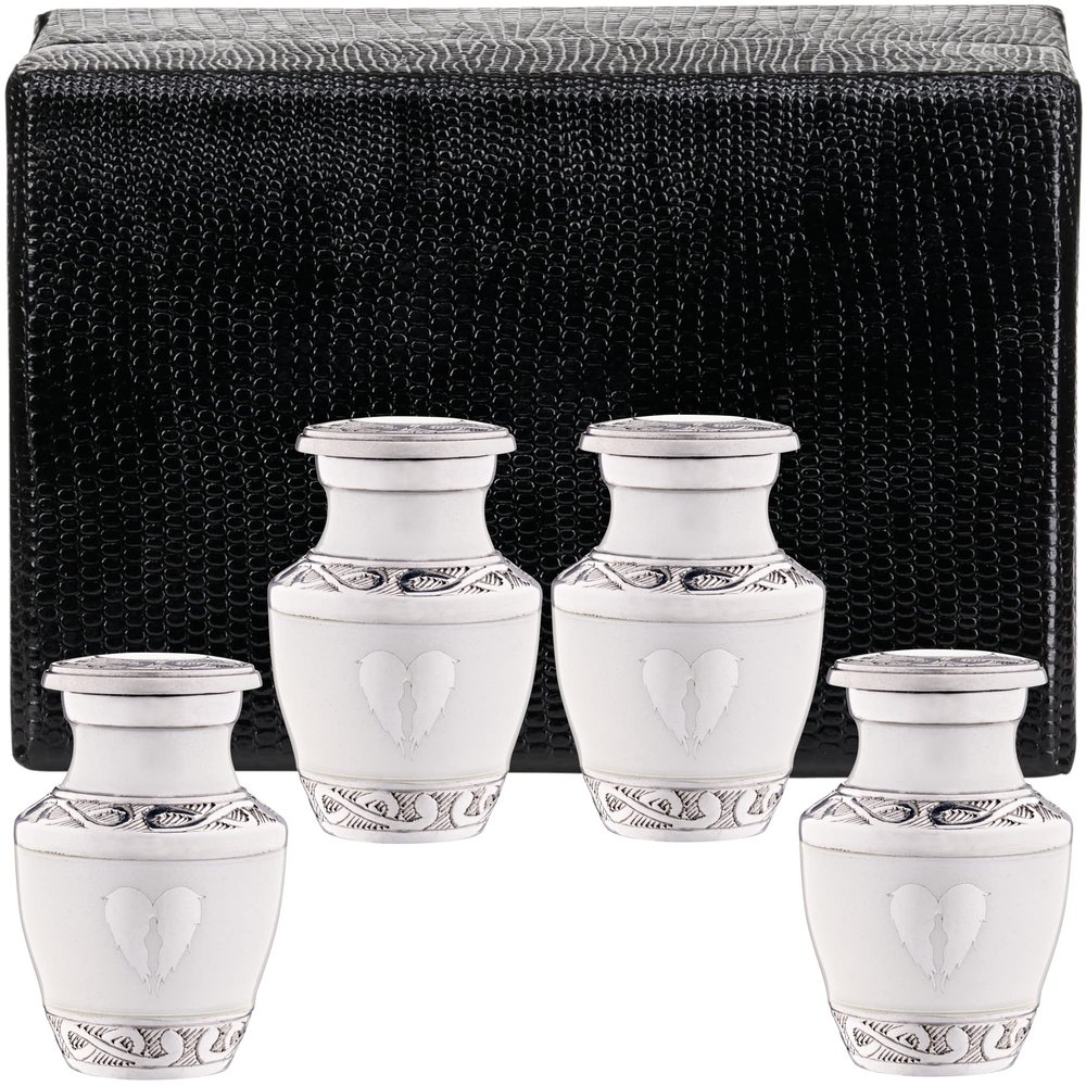 4 Pack Small Urns for Ashes for Women or Men - Set of 4 White Mini Urns with Angel Wings - Heart Urns Male and Female Cremation Keepsakes - Memorial Burial Urn