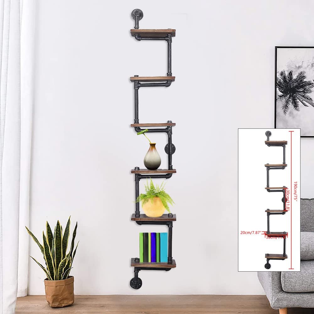 6 Tiers Wall Shelves for Bedroom Decor,Industrial Pipe Shelving Wall Shelves for Living Room Kitchen Storage,Wall Mounted Rustic Wood Pipe Shelves for Books,Shelf for Bathroom,Office,Laundry Room