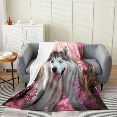 Cherry Dog Fleece Throw Blanket for Bed Sofa Couch,Kids Pet Dog Siberian Husky Floral Fleece Flannel Fuzzy Blanket All Season Bed Blanket,Pink Cherry Blossom Room Decor Plush Blanket Baby 30"x40"