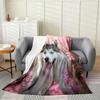 Cherry Dog Fleece Throw Blanket for Bed Sofa Couch,Kids Pet Dog Siberian Husky Floral Fleece Flannel Fuzzy Blanket All Season Bed Blanket,Pink Cherry Blossom Room Decor Plush Blanket Baby 30"x40" view 1
