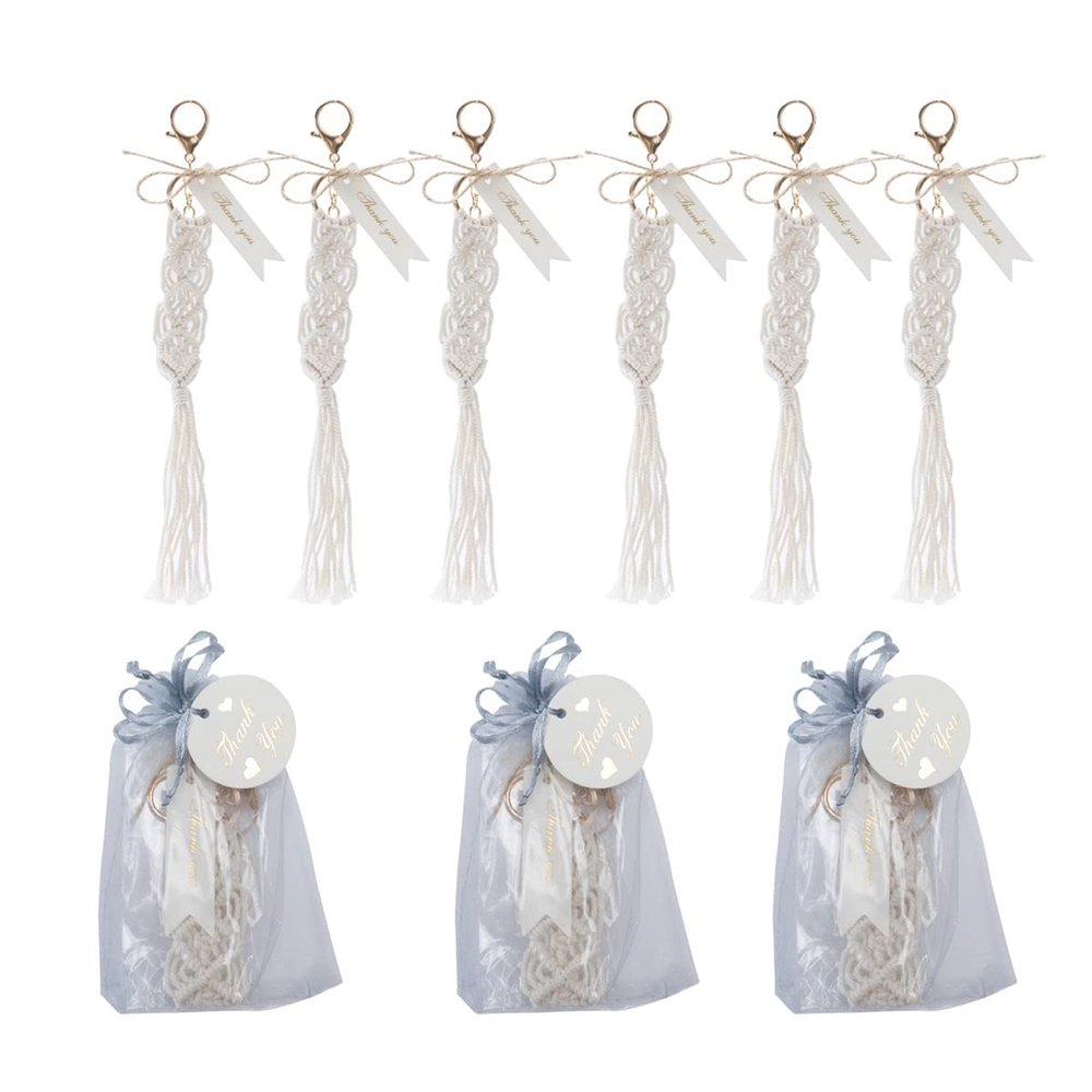 LUXFINA 52PCS Personalized Wedding Favors Macrame Keychains with Tassels,Wedding Party Souvenir Gift Set, Wedding Gifts for Guests for Car Key Purse Phone Supplies, Beige;