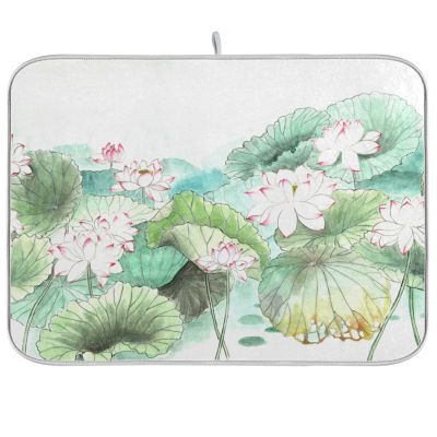 Absorbent Dish Drying Mat for Kitchen Counter - Lotus Watercolor Microfiber Drying Pad, Reversible Drainer Mats for Countertop, Lager 18 x 24 inch